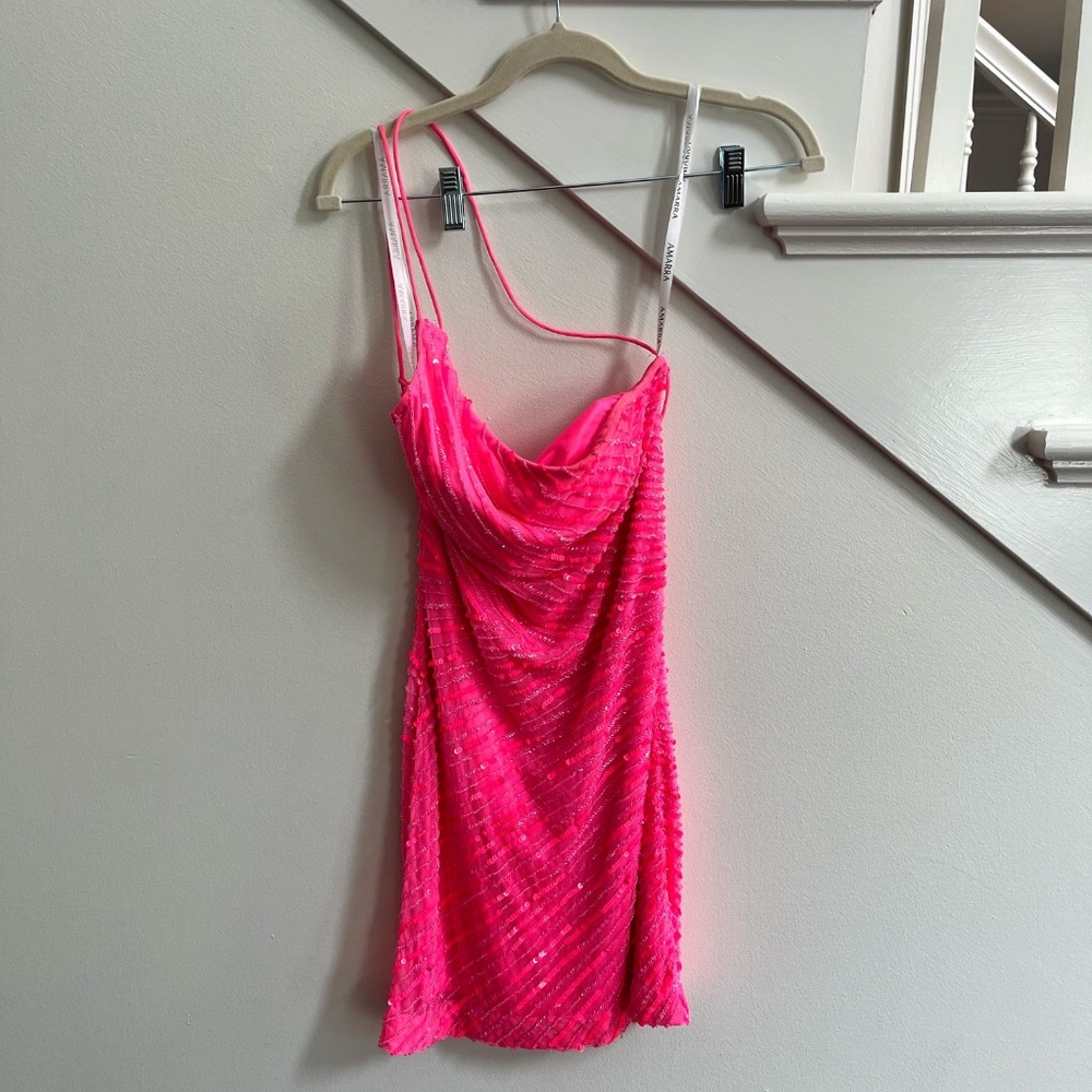 Amarra Hot Pink Mini Sequined One Shoulder Dress